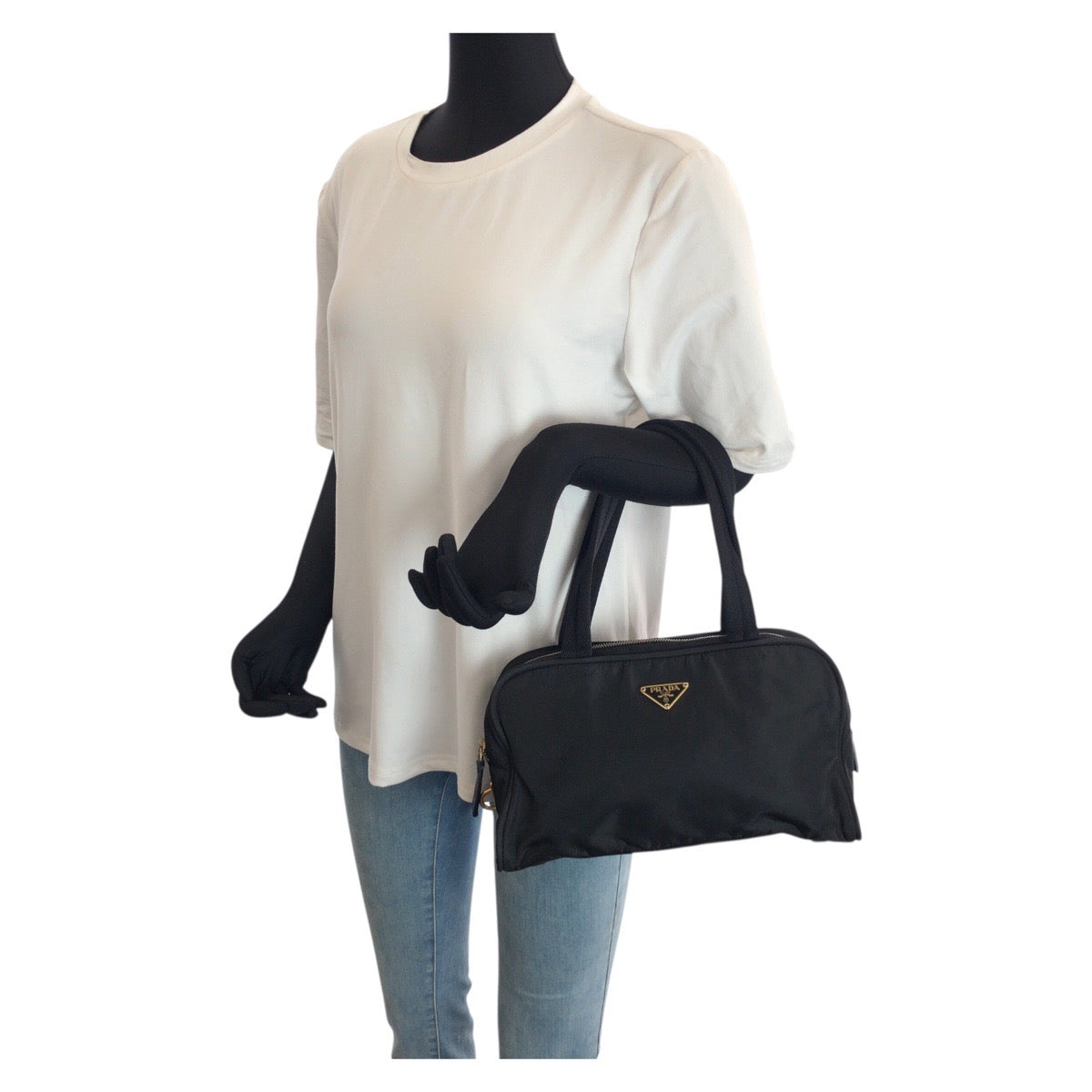 23531
PRADA プラダ テスート 三角ロゴプレート ブラック 黒 ゴールド金具 ナイロン トートバッグ ミニボストンバッグ レディース A56
