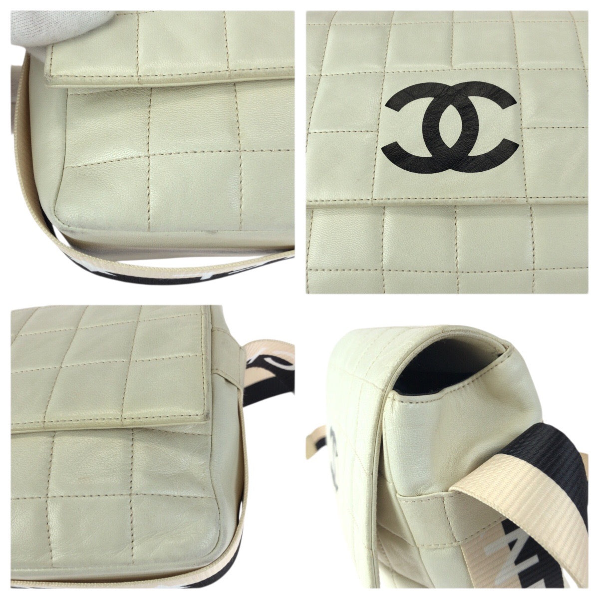 23535
CHANEL シャネル ヴィンテージ チョコバー ココマーク オフホワイト ブラック ゴールド金具 ラムスキン ショルダーバッグ メッセンジャーバッグ レディース AB168