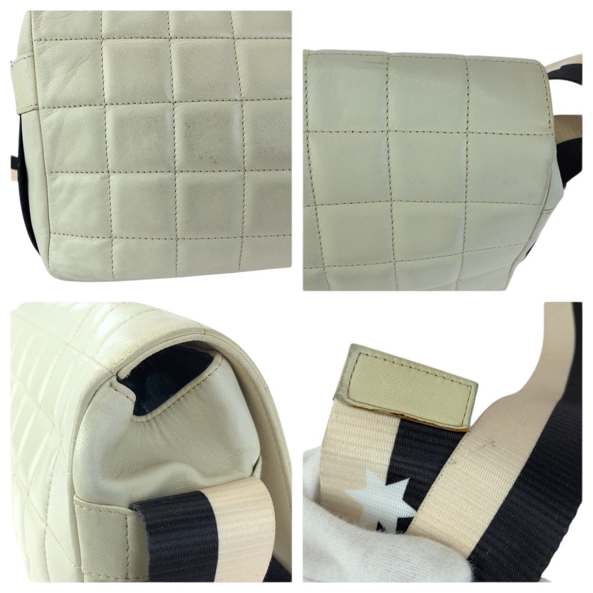 23535
CHANEL シャネル ヴィンテージ チョコバー ココマーク オフホワイト ブラック ゴールド金具 ラムスキン ショルダーバッグ メッセンジャーバッグ レディース AB168