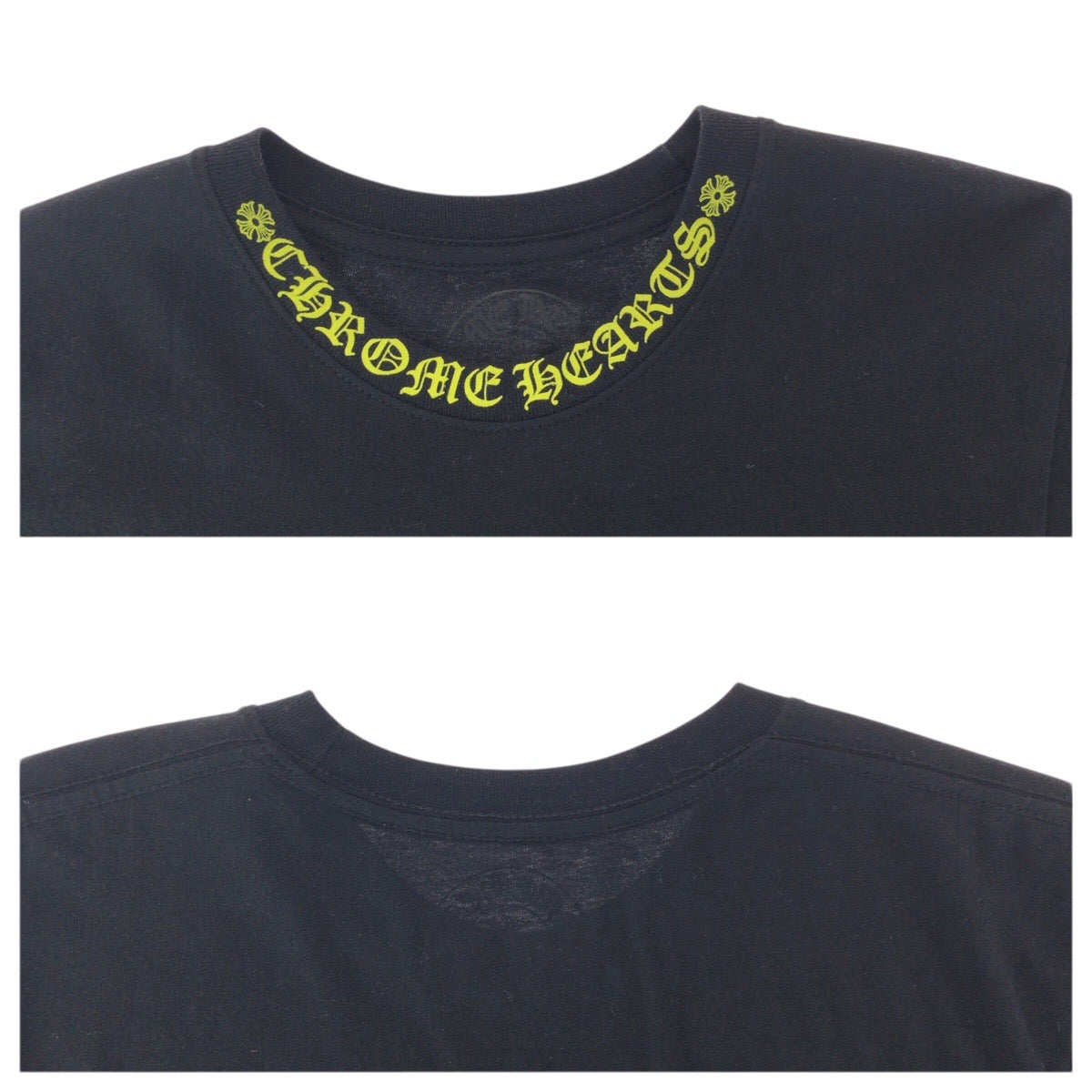 23539
CHROME HEARTS クロムハーツ ネックロゴ サイズXS ブラック イエロー コットン 半袖Ｔシャツ 男女兼用 メンズ ABP42