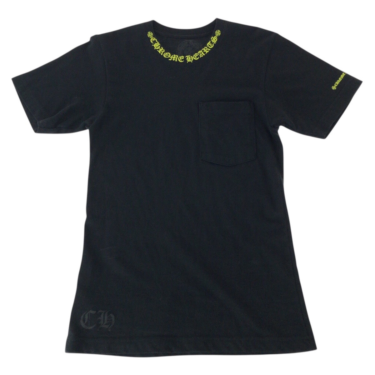 23539
CHROME HEARTS クロムハーツ ネックロゴ サイズXS ブラック イエロー コットン 半袖Ｔシャツ 男女兼用 メンズ ABP42