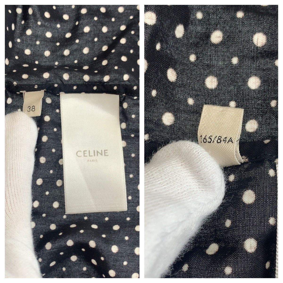 23542
CELINE セリーヌ ドット柄 サイズ38 ブラック 黒 レーヨン 長袖シャツ ブラウス レディース A35