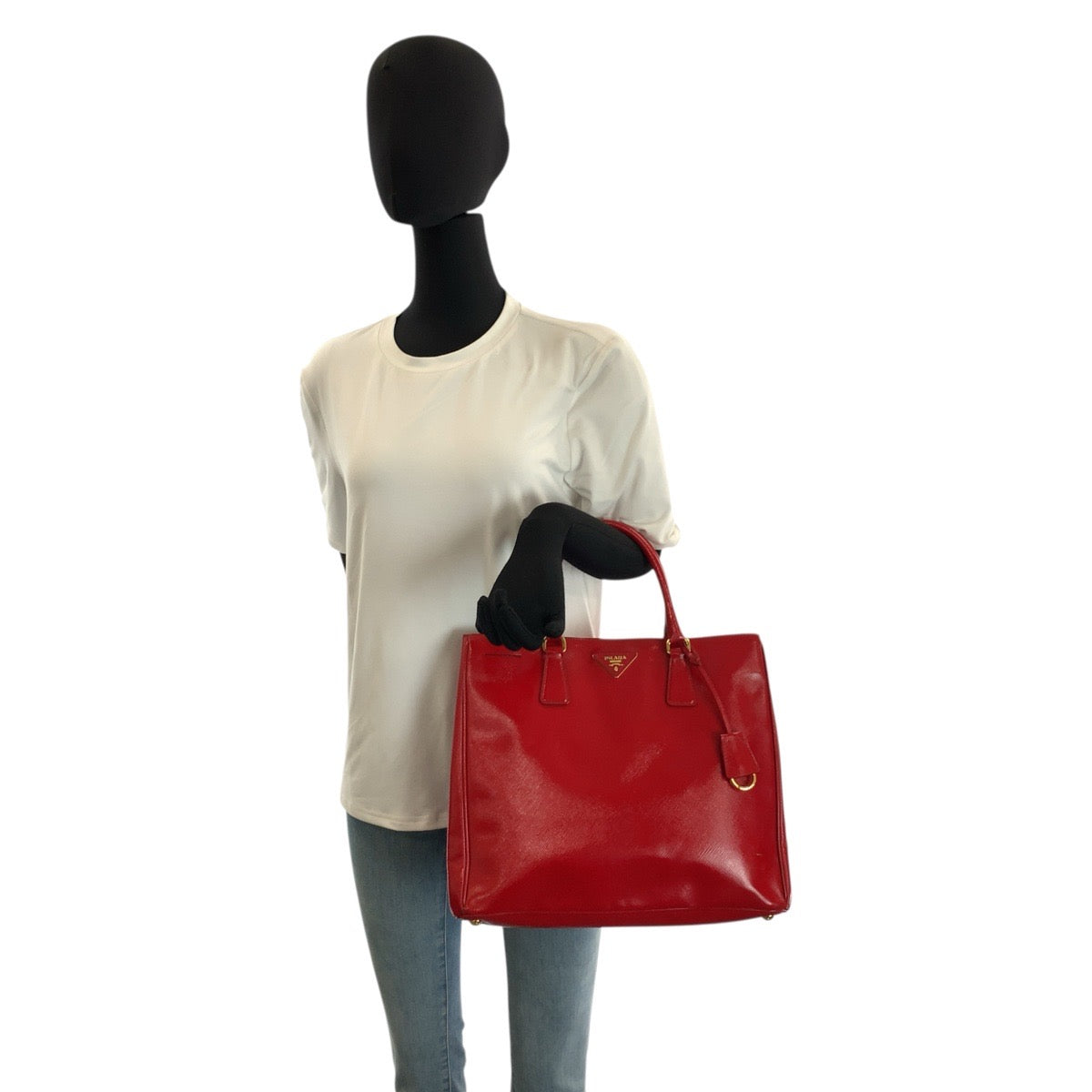 23545
PRADA プラダ サフィアーノ 三角ロゴプレート レッド ゴールド金具 レザー ハンドバッグ トートバッグ レディース ABP50