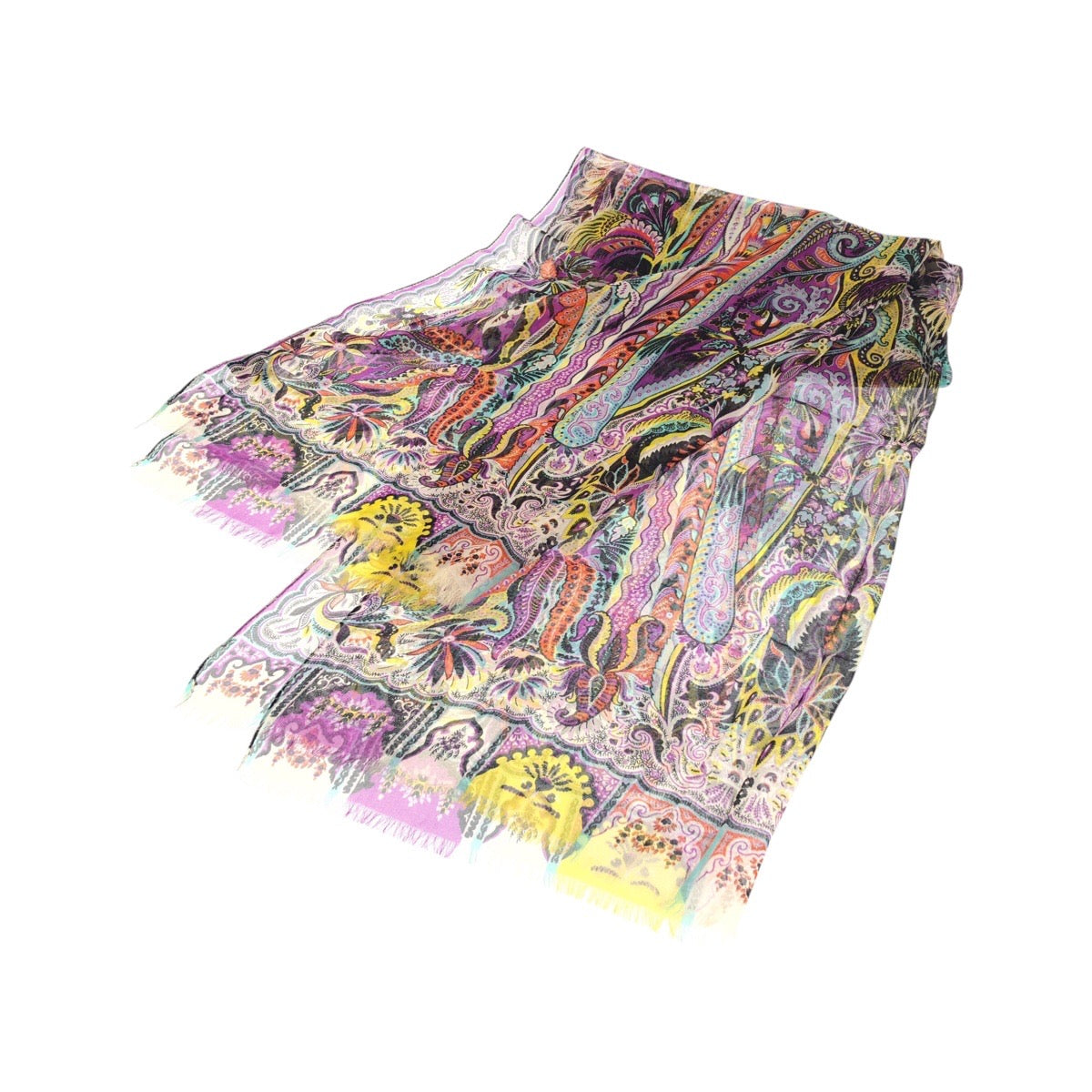 23552
ETRO エトロ ペイズリー柄 パープル イエロー ホワイト シルク スカーフ ストール レディース A21