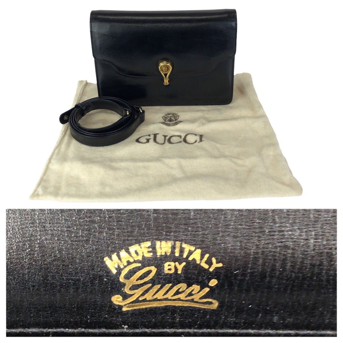 23553
GUCCI グッチ ヴィンテージ オールドグッチ タイガーアイ ブラック 黒 ゴールド金具 レザー ショルダーバッグ クラッチバッグ レディース ABP42