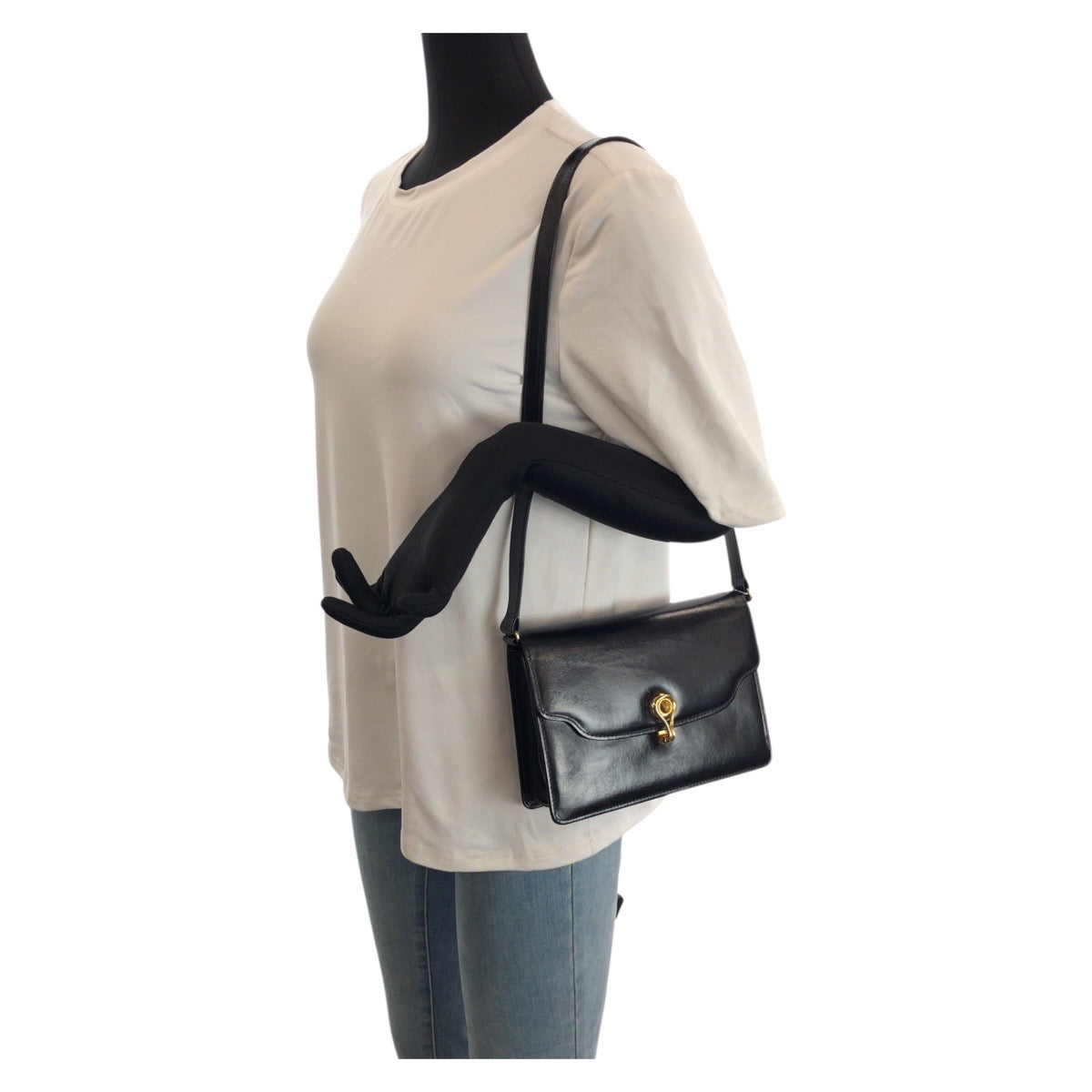 23553
GUCCI グッチ ヴィンテージ オールドグッチ タイガーアイ ブラック 黒 ゴールド金具 レザー ショルダーバッグ クラッチバッグ レディース ABP42