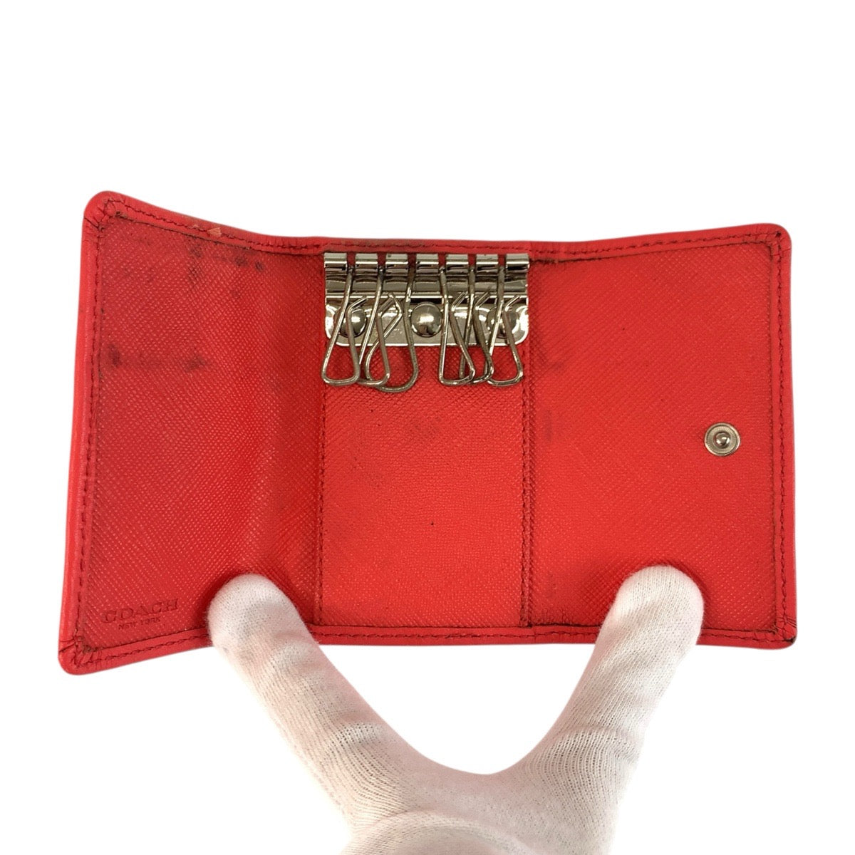 23558
COACH コーチ シグネチャー ベージュ ピンク シルバー金具 キャンバス / レザー F54421 キーケース 6連 レディース AB2