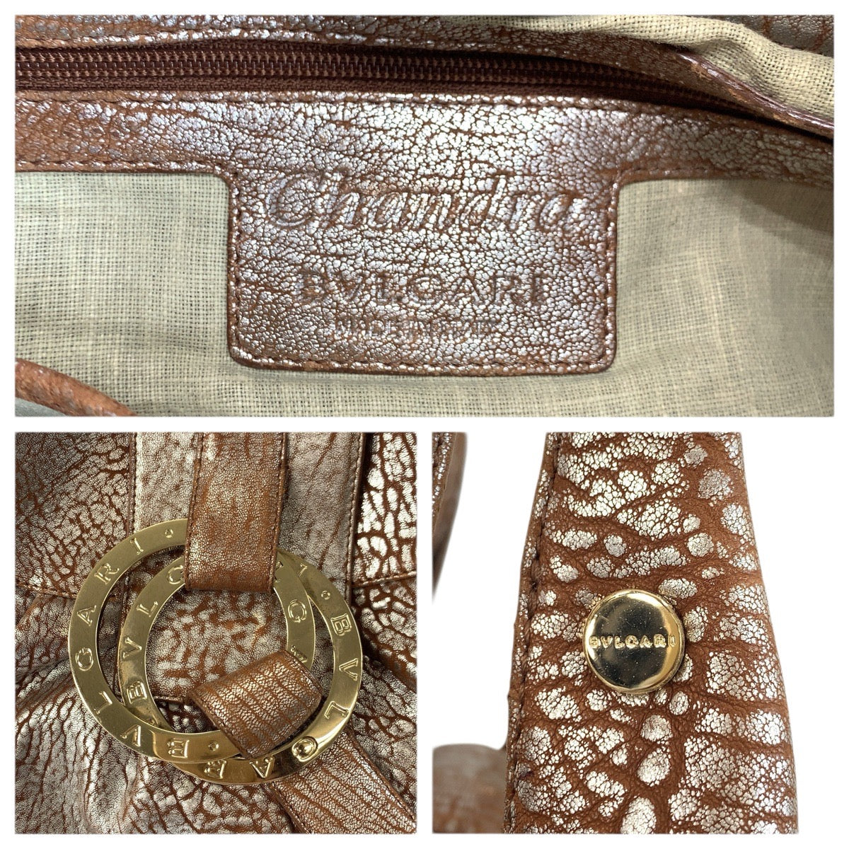 23566
BVLGARI ブルガリ チャンドラ ブラウン シルバー ゴールド金具 レザー ハンドバッグ ショルダーバッグ レディース ABP37