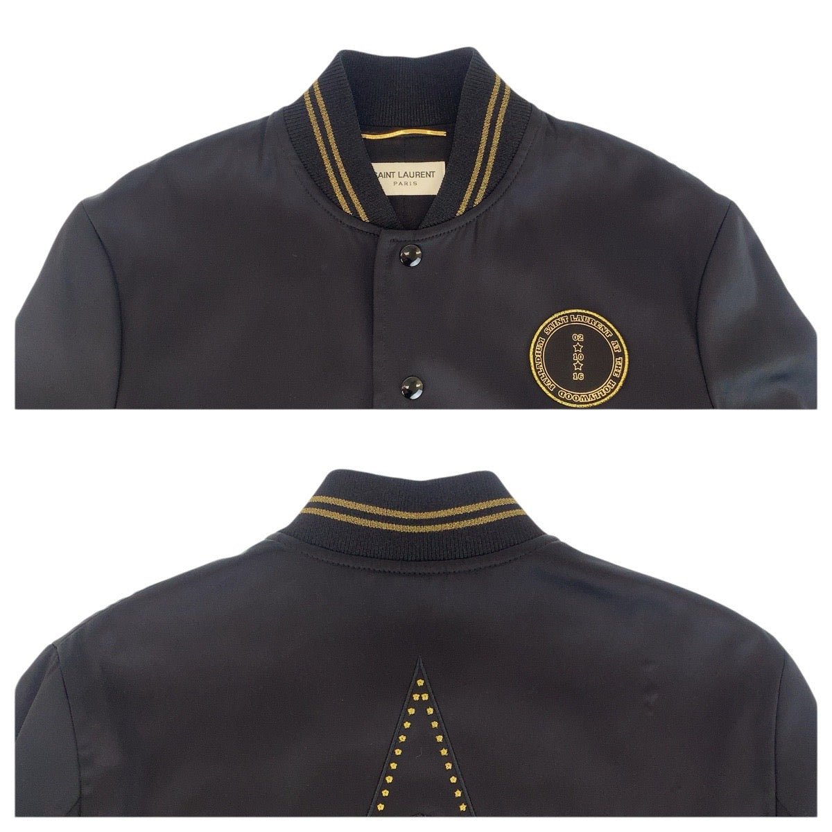 23572
SAINT LAURENT PARIS サンローランパリ パラディウム テディジャケット サイズ34 ブラック 黒 ゴールド レーヨン / ポリエステル / ポリウレタン 443399 ナイロンジャケット スタジャン ブルゾン ジャンバー レディース ABP58