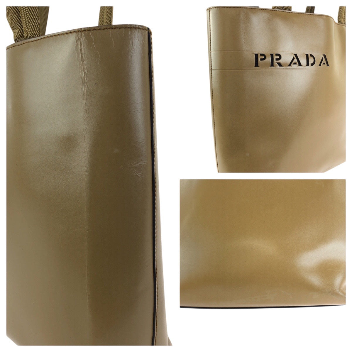23595
PRADA プラダ ロゴ型抜き カーキ レザー トートバッグ ハンドバッグ レディース ABP28