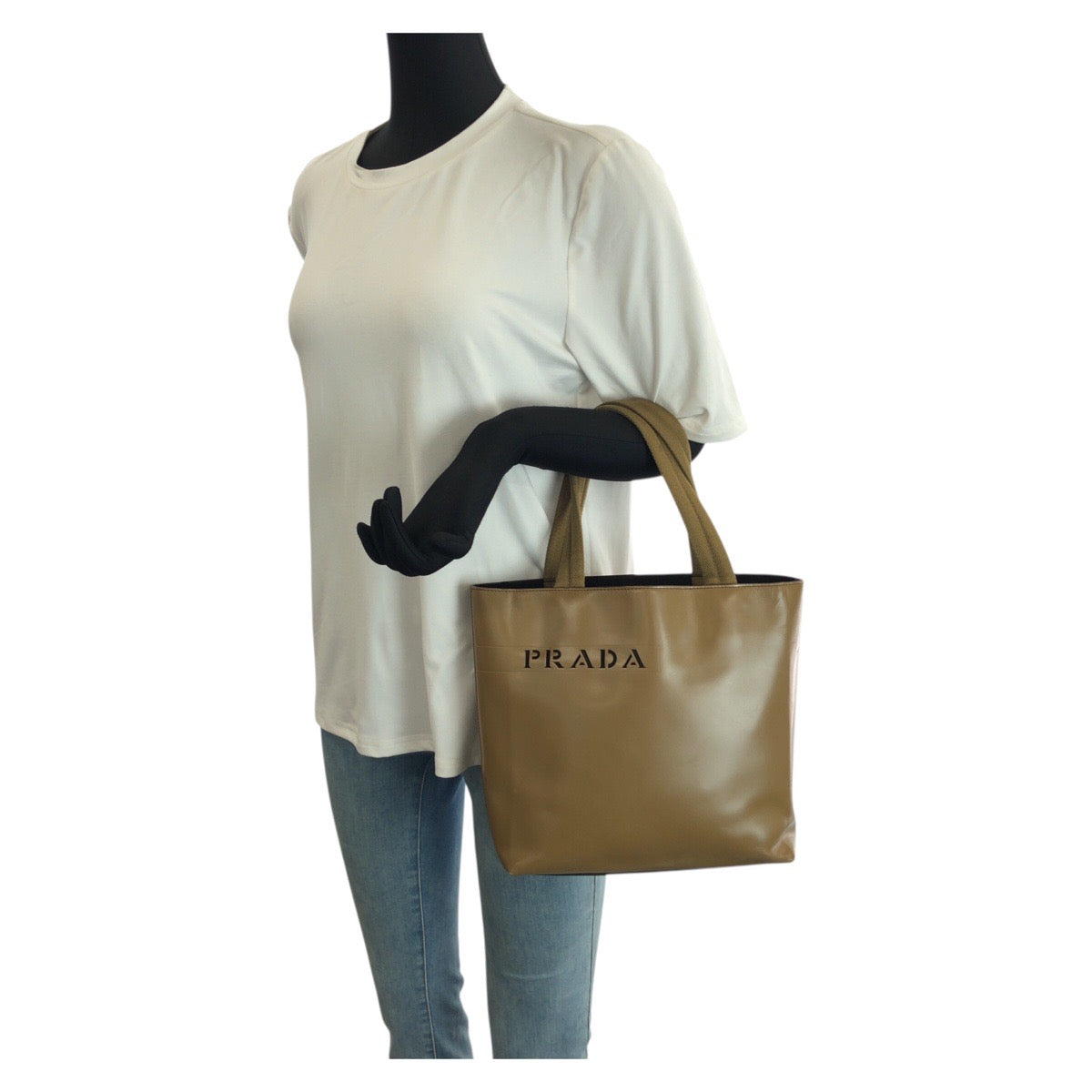 23595
PRADA プラダ ロゴ型抜き カーキ レザー トートバッグ ハンドバッグ レディース ABP28