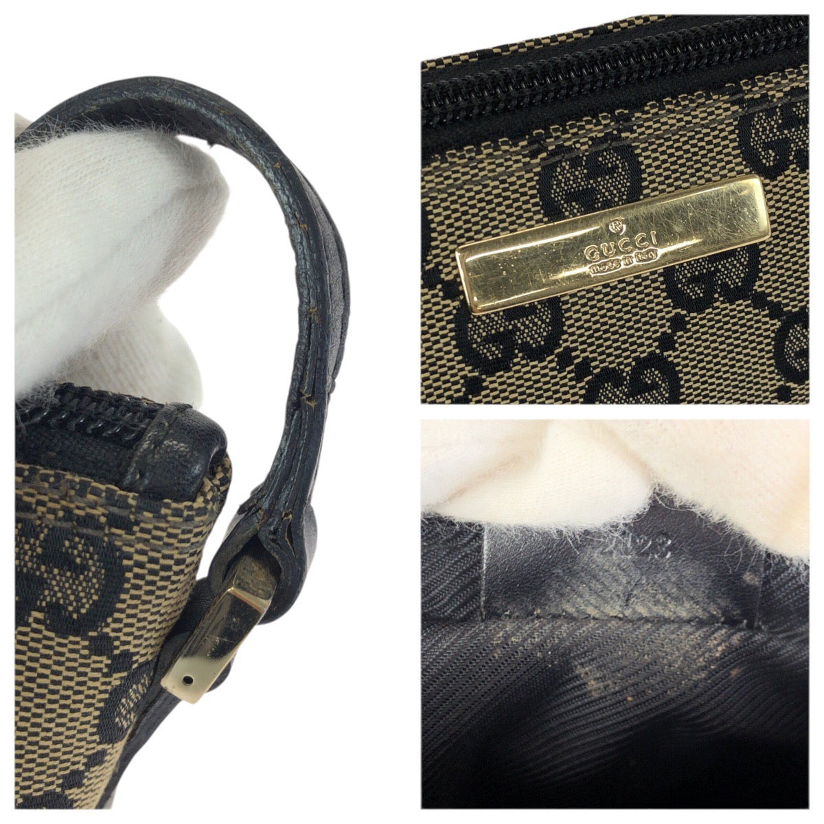 23599
GUCCI グッチ ベージュ ブラック ゴールド金具 GGキャンバス / レザー 039.1103 ハンドバッグ アクセサリーポーチ レディース AB35
