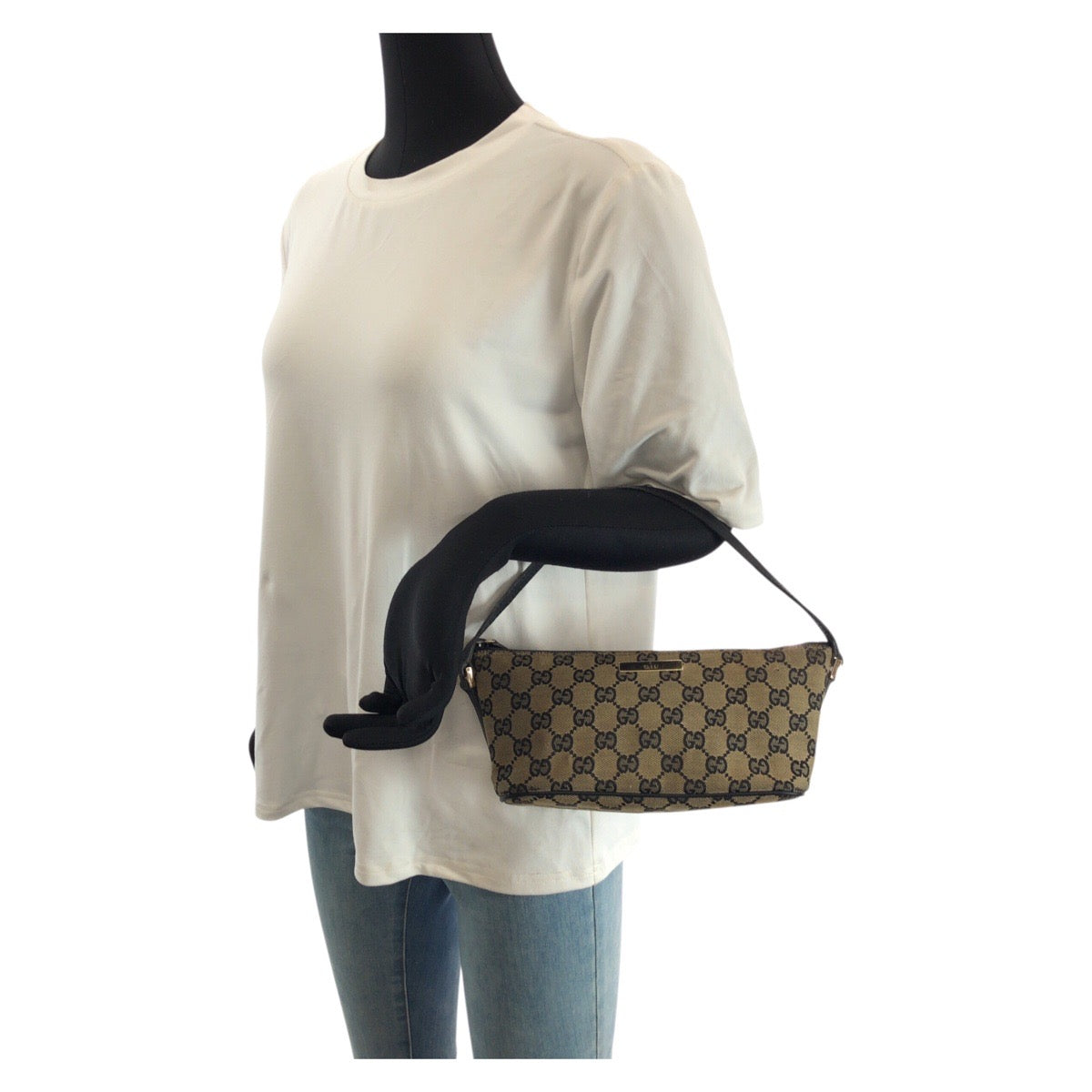 23599
GUCCI グッチ ベージュ ブラック ゴールド金具 GGキャンバス / レザー 039.1103 ハンドバッグ アクセサリーポーチ レディース AB35