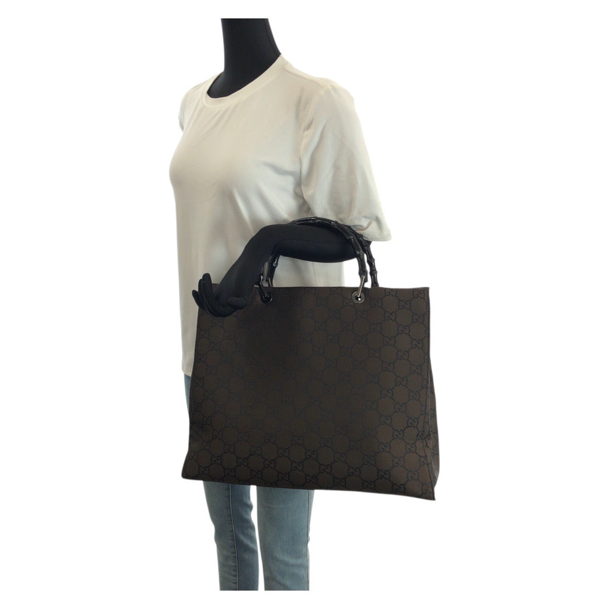 23612
GUCCI グッチ バンブー GG柄 ブラウン シルバー金具 ナイロン 002 1015 トートバッグ ハンドバッグ レディース A49