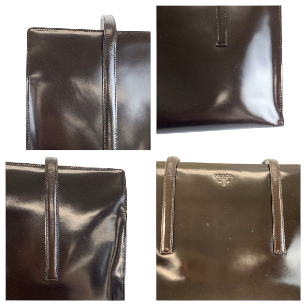 23619
PRADA プラダ ロゴ型押し ブラウン シルバー金具 パテントレザー トートバッグ ショルダーバッグ レディース ABP65
