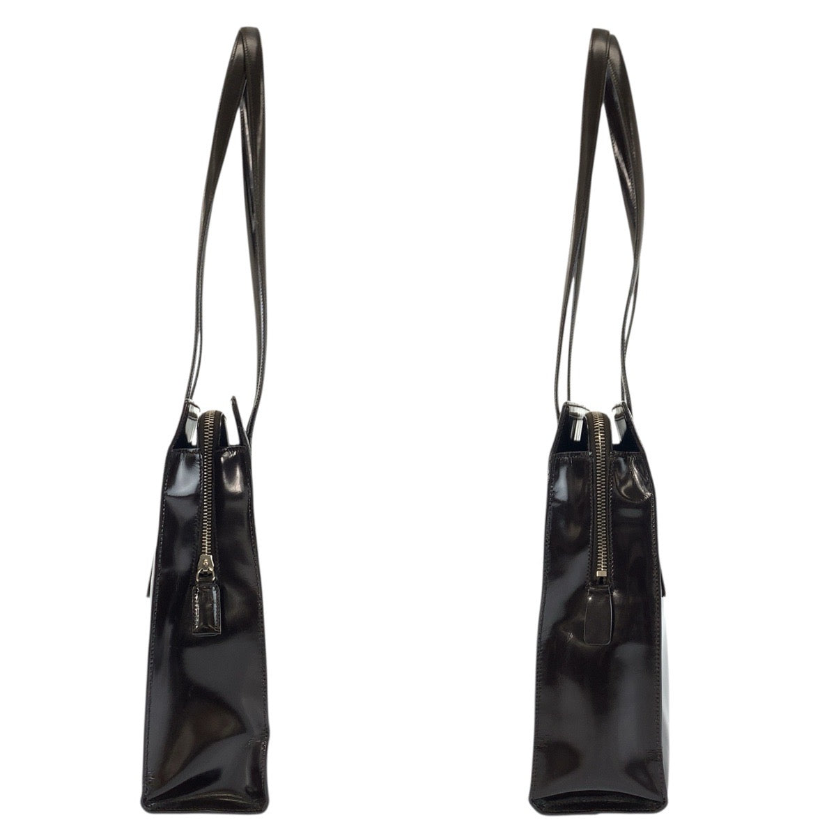23619
PRADA プラダ ロゴ型押し ブラウン シルバー金具 パテントレザー トートバッグ ショルダーバッグ レディース ABP65