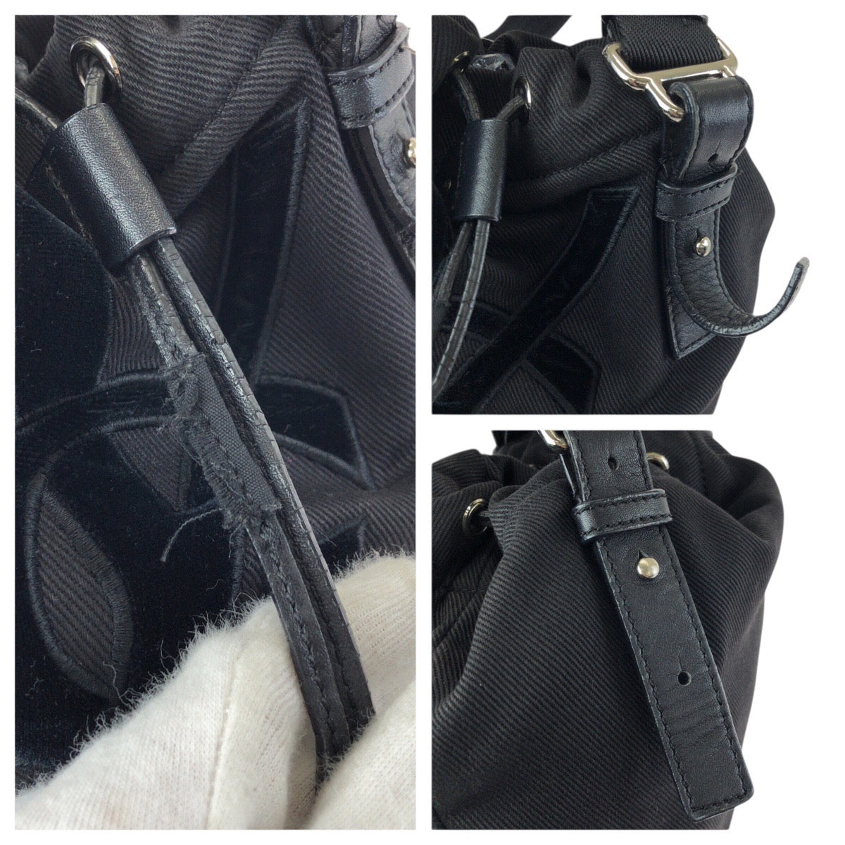 23623
Yves Saint Laurent rive gauche イヴサンローランリヴゴーシュ ヴィンテージ カハラ YSL 巾着 ブラック 黒 シルバー金具 キャンバス / レザー 123435 トートバッグ ショルダーバッグ レディース ABP65