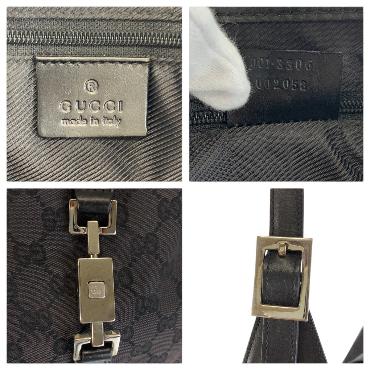 23626
GUCCI グッチ ジャッキー ブラック 黒 シルバー金具 GGキャンバス / レザー 001 3306 ホーボー ショルダーバッグ レディース AB42
