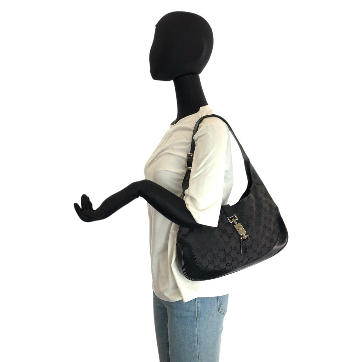 23626
GUCCI グッチ ジャッキー ブラック 黒 シルバー金具 GGキャンバス / レザー 001 3306 ホーボー ショルダーバッグ レディース AB42