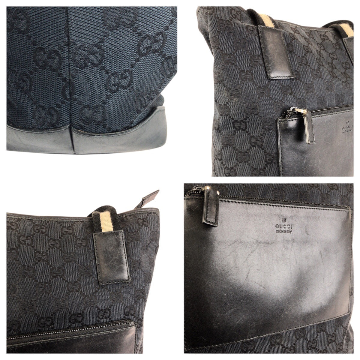 23631
GUCCI グッチ ブラック 黒 シルバー金具 GGキャンバス / レザー 019 0401 トートバッグ ショルダーバッグ レディース AB28