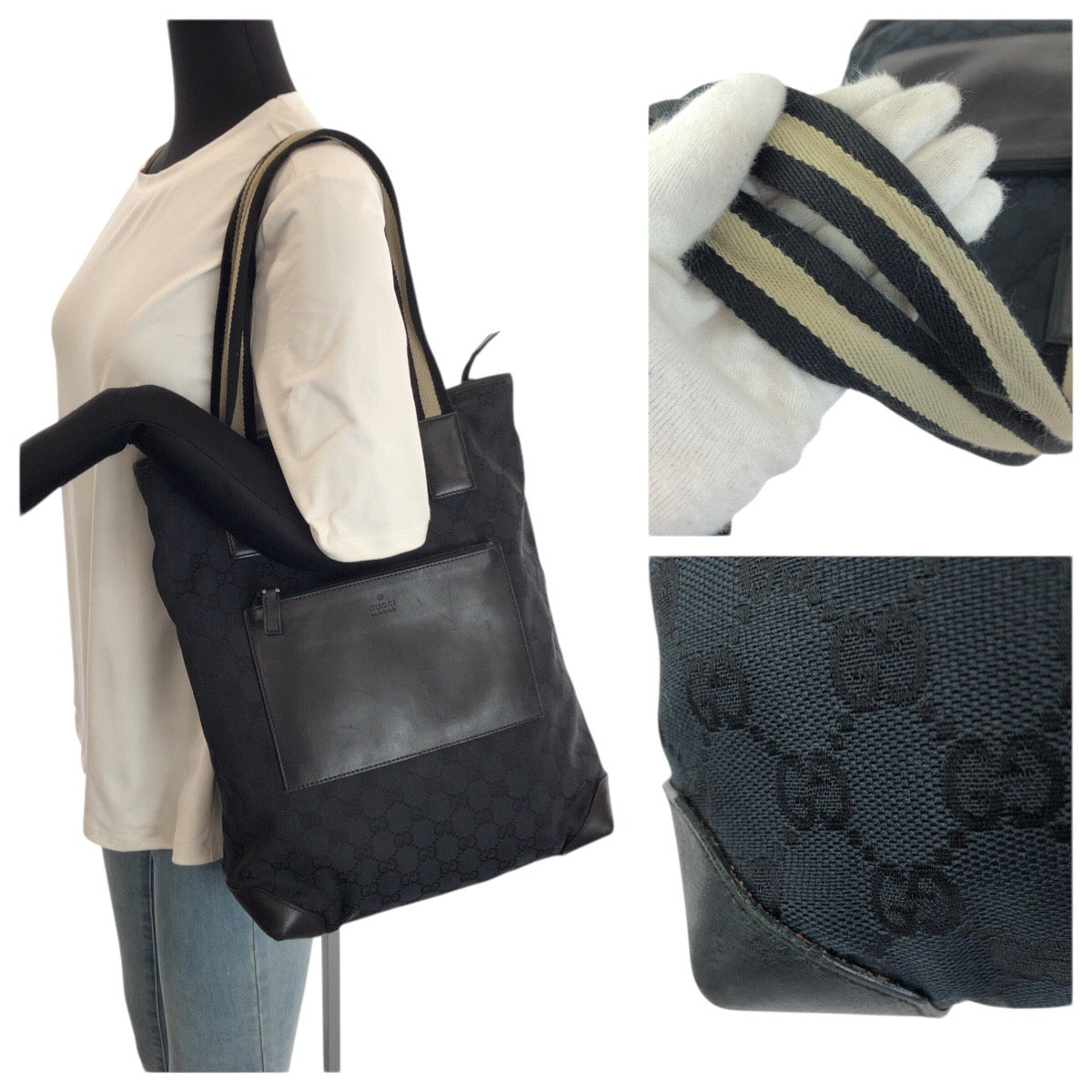 23631
GUCCI グッチ ブラック 黒 シルバー金具 GGキャンバス / レザー 019 0401 トートバッグ ショルダーバッグ レディース AB28
