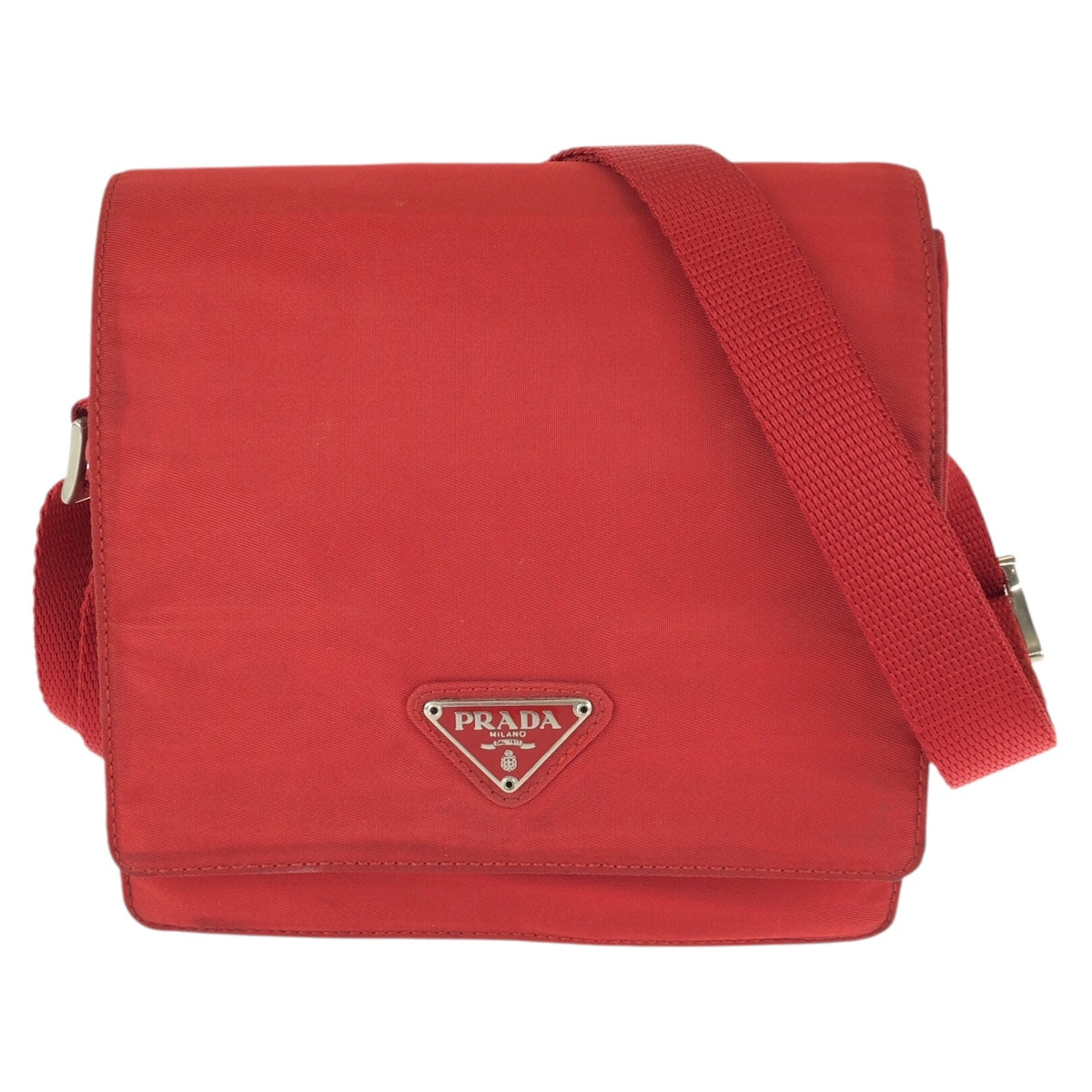 23637
PRADA プラダ テスート 三角ロゴプレート レッド シルバー金具 ナイロン ショルダーバッグ ポシェット レディース ABP35