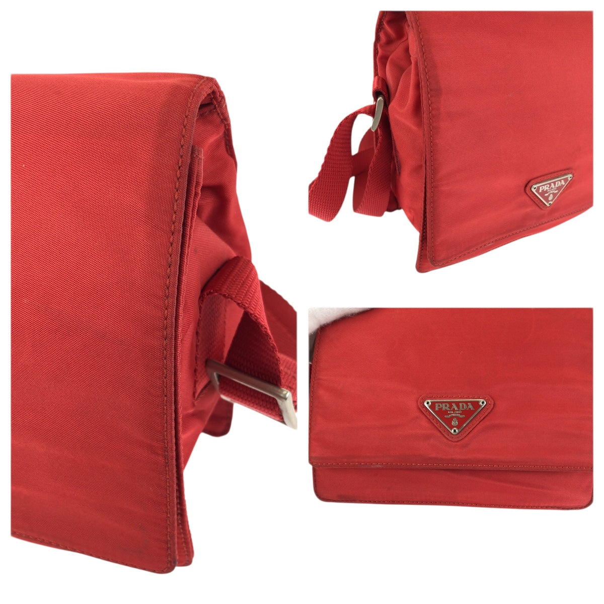 23637
PRADA プラダ テスート 三角ロゴプレート レッド シルバー金具 ナイロン ショルダーバッグ ポシェット レディース ABP35