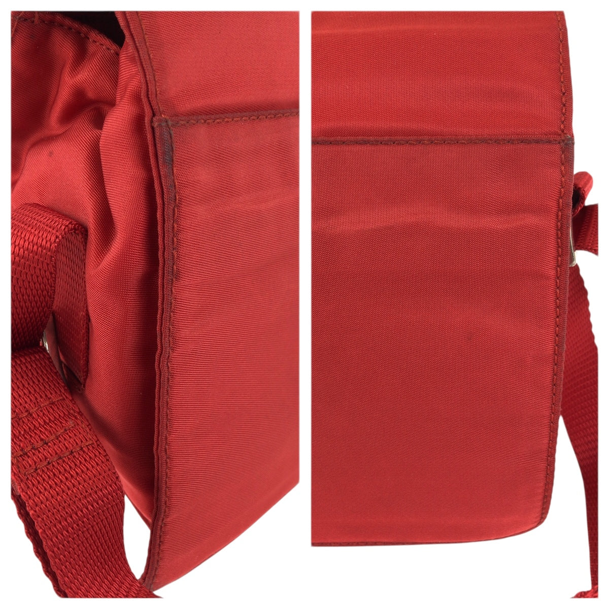23637
PRADA プラダ テスート 三角ロゴプレート レッド シルバー金具 ナイロン ショルダーバッグ ポシェット レディース ABP35