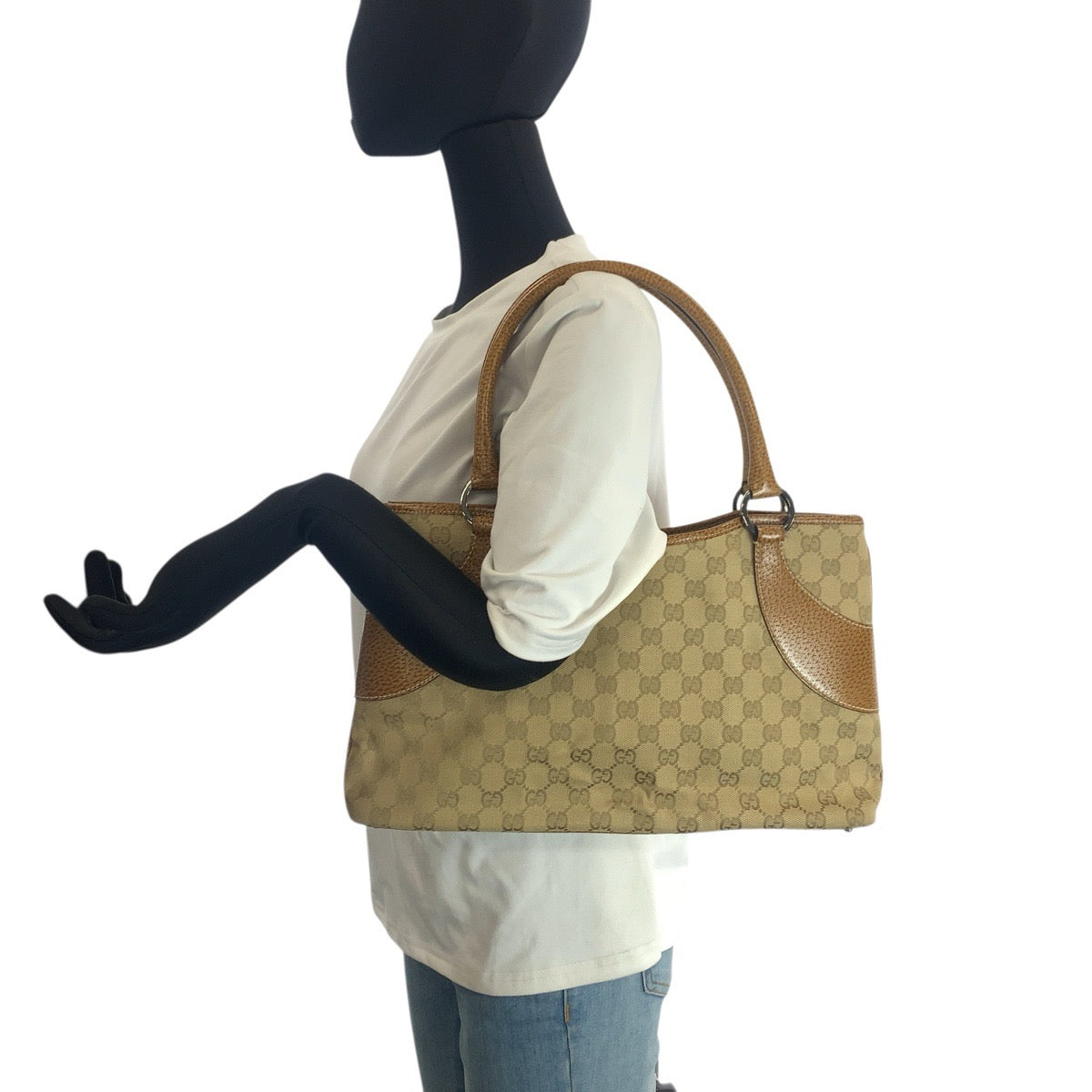 23638
GUCCI グッチ ベージュ ライトブラウン シルバー金具 GGキャンバス / レザー 113015 トートバッグ ショルダーバッグ レディース A49