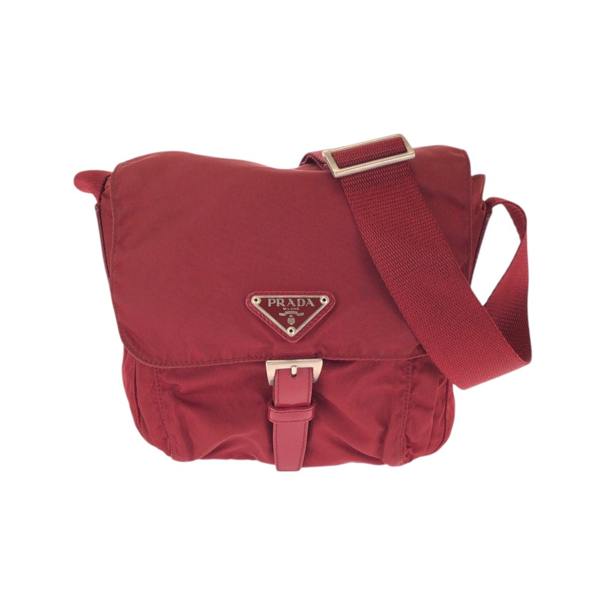 23642
PRADA プラダ テスート 三角ロゴプレート レッド シルバー金具 ナイロン ショルダーバッグ ポシェット レディース ABP35