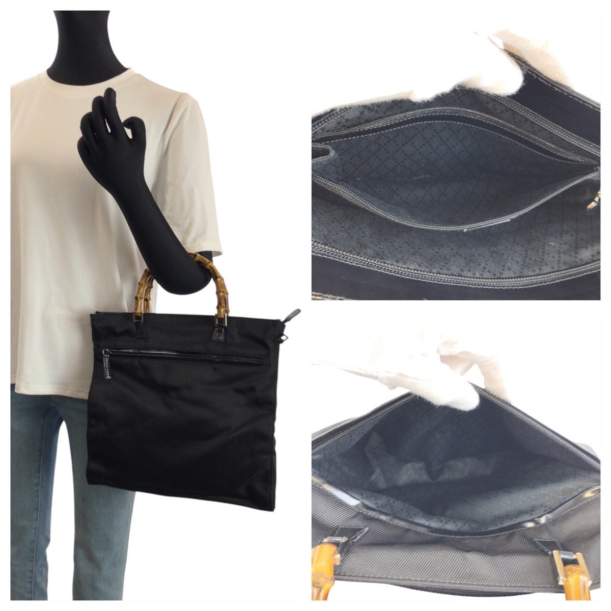 23649
GUCCI グッチ バンブー ブラック 黒 シルバー金具 ナイロン / レザー 001 1095 1878 トートバッグ ハンドバッグ レディース ABP35
