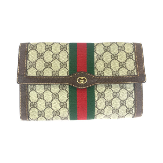 23650
GUCCI グッチ ヴィンテージ シェリーライン ベージュ ブラウン ゴールド金具 GGスプリームキャンバス / レザー 38 クラッチバッグ セカンドバッグ レディース ABP28