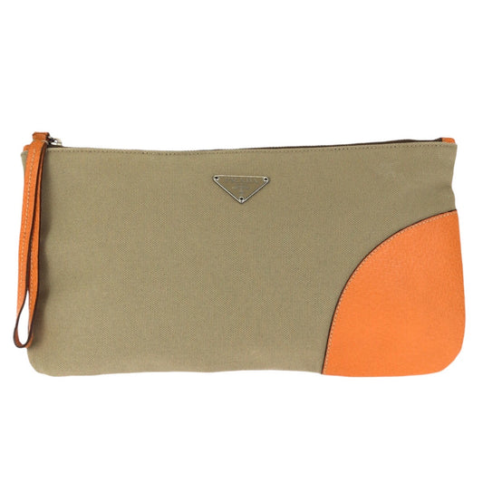 23654
PRADA プラダ 三角ロゴプレート ベージュ オレンジ シルバー金具 キャンバス / レザー クラッチバッグ セカンドバッグ メンズ A28