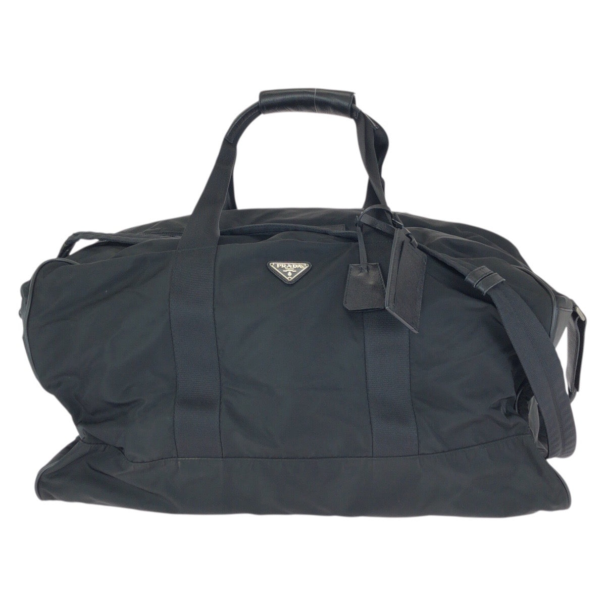 23659
PRADA プラダ テスート サフィアーノ 三角ロゴプレート 2way ブラック 黒 シルバー金具 ナイロン / レザー ボストンバッグ 旅行バッグ 男女兼用 メンズ ABP80