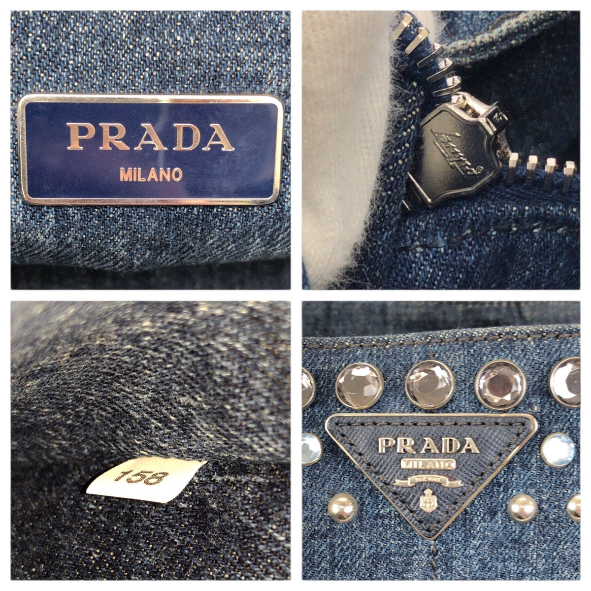 23663
PRADA プラダ カナパ 三角ロゴプレート ブルー シルバー金具 デニム / ラインストーン トートバッグ ハンドバッグ レディース ABP49