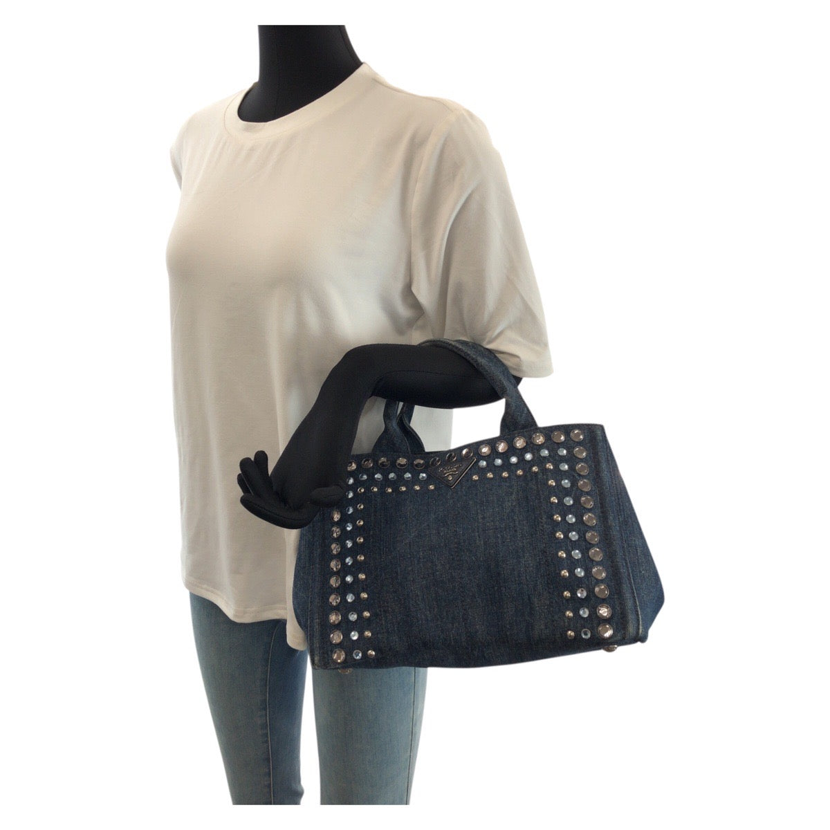 23663
PRADA プラダ カナパ 三角ロゴプレート ブルー シルバー金具 デニム / ラインストーン トートバッグ ハンドバッグ レディース ABP49