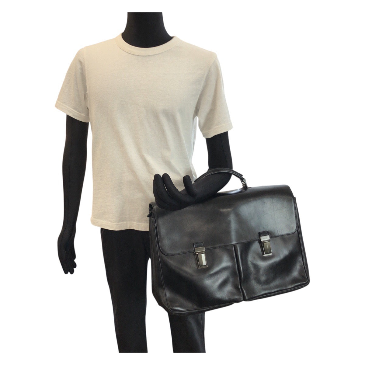 23681
PRADA プラダ ブラック 黒 ガンメタ金具 レザー ビジネスバッグ ブリーフケース メンズ ABP49