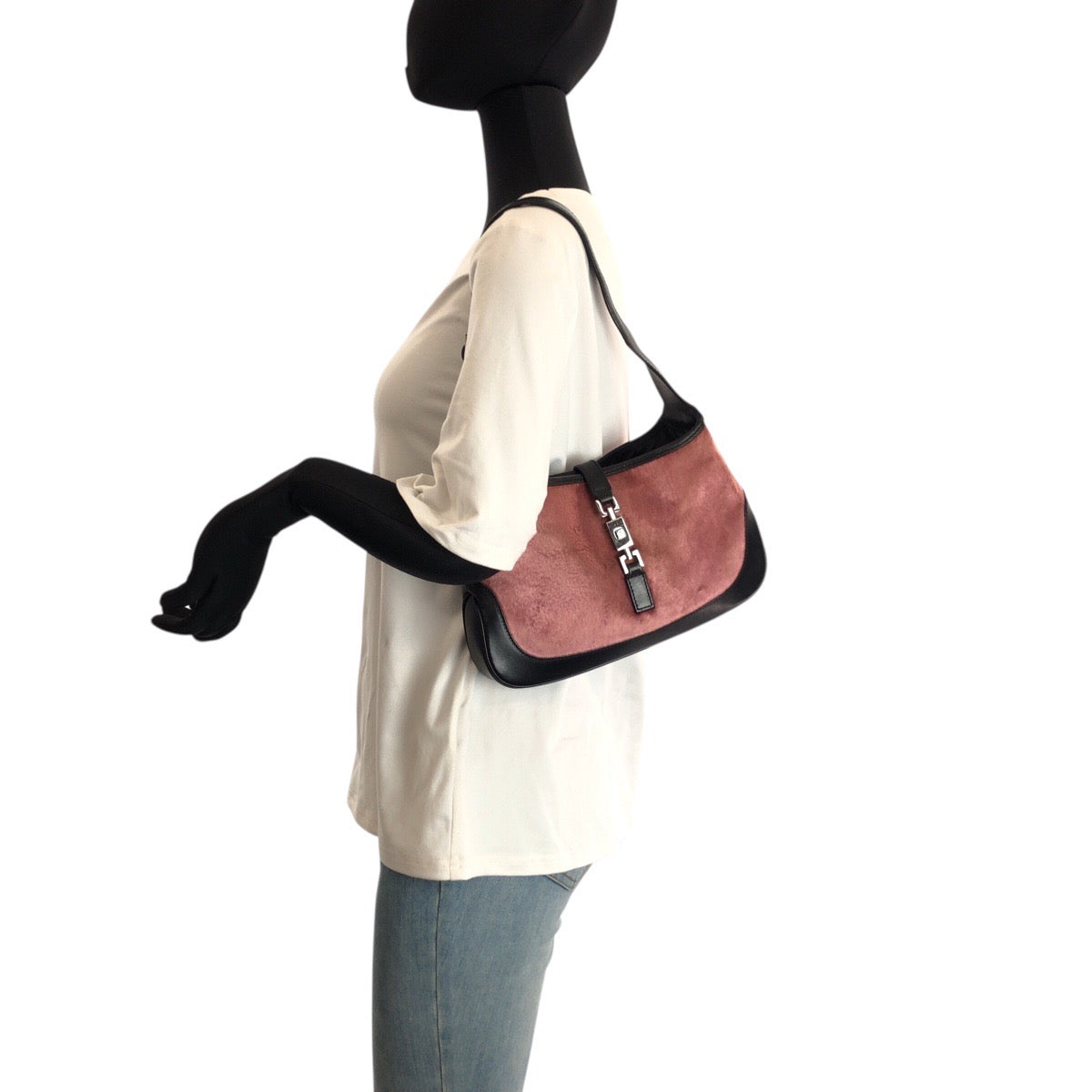 23682
GUCCI グッチ ジャッキー ピンク ブラック シルバー金具 ベロア / レザー 001 3735 ショルダーバッグ ハンドバッグ レディース AB37
