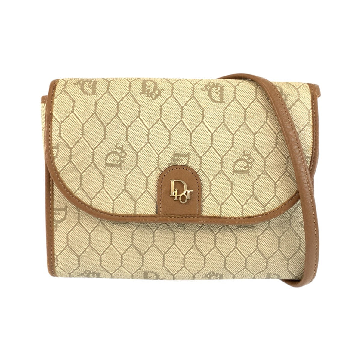 23693
Dior ディオール ヴィンテージ ベージュ ブラウン ゴールド金具 PVC / レザー ショルダーバッグ ポシェット レディース AB28
