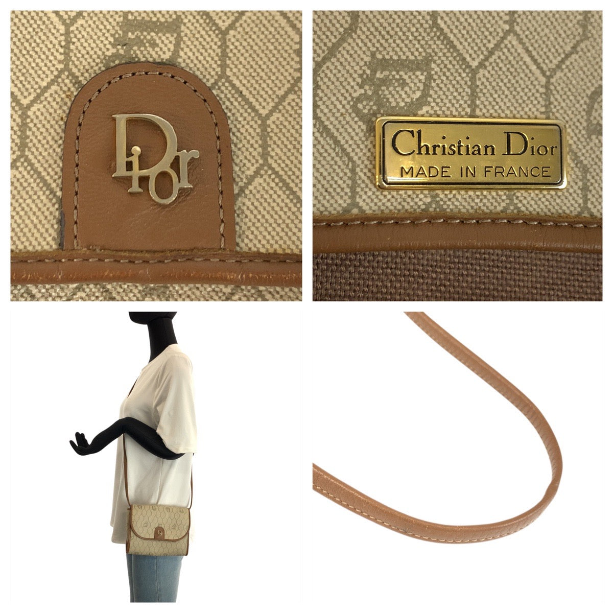 23693
Dior ディオール ヴィンテージ ベージュ ブラウン ゴールド金具 PVC / レザー ショルダーバッグ ポシェット レディース AB28