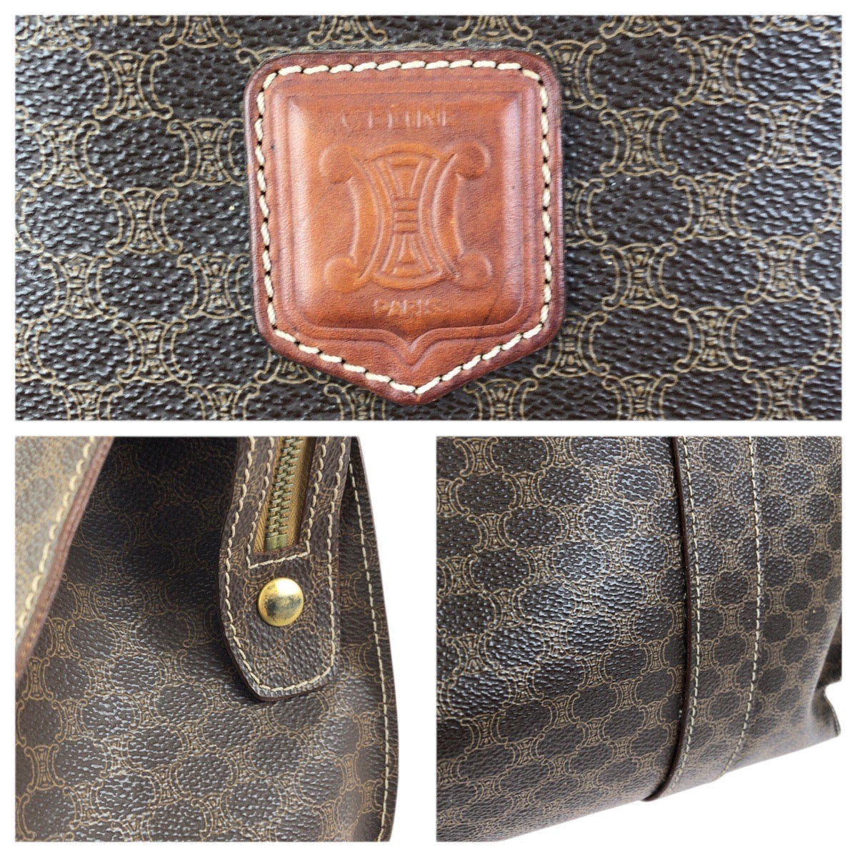 23694
CELINE セリーヌ マカダム ダークブラウン ゴールド金具 PVC MC97/2 トートバッグ ショルダーバッグ レディース ABP42