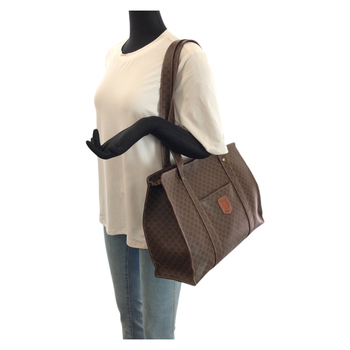 23694
CELINE セリーヌ マカダム ダークブラウン ゴールド金具 PVC MC97/2 トートバッグ ショルダーバッグ レディース ABP42