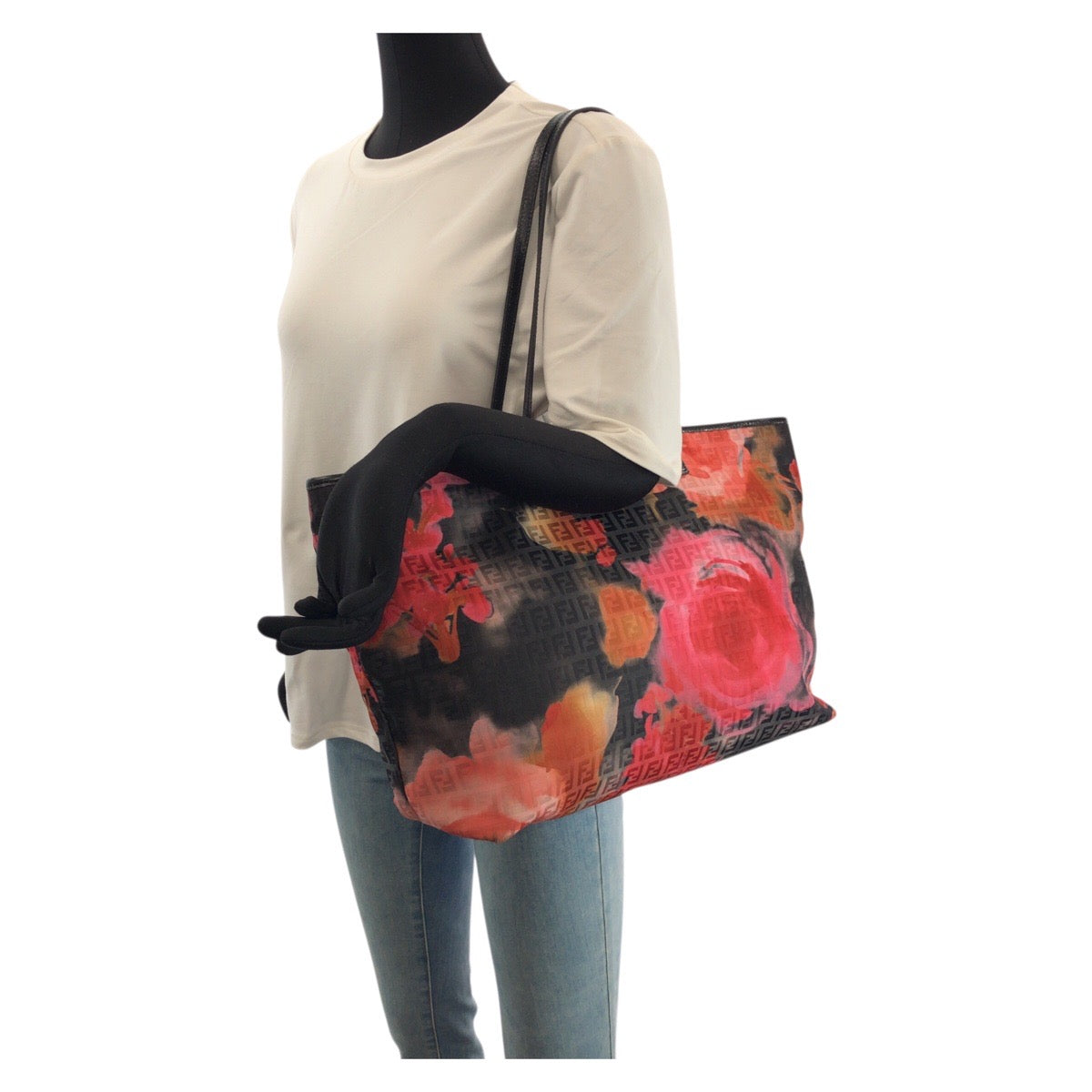 23707
FENDI フェンディ ズッキーノ フローラル ブラック ピンク オレンジ ナイロン / レザー 8BH185 トートバッグ ショルダーバッグ レディース ABP63