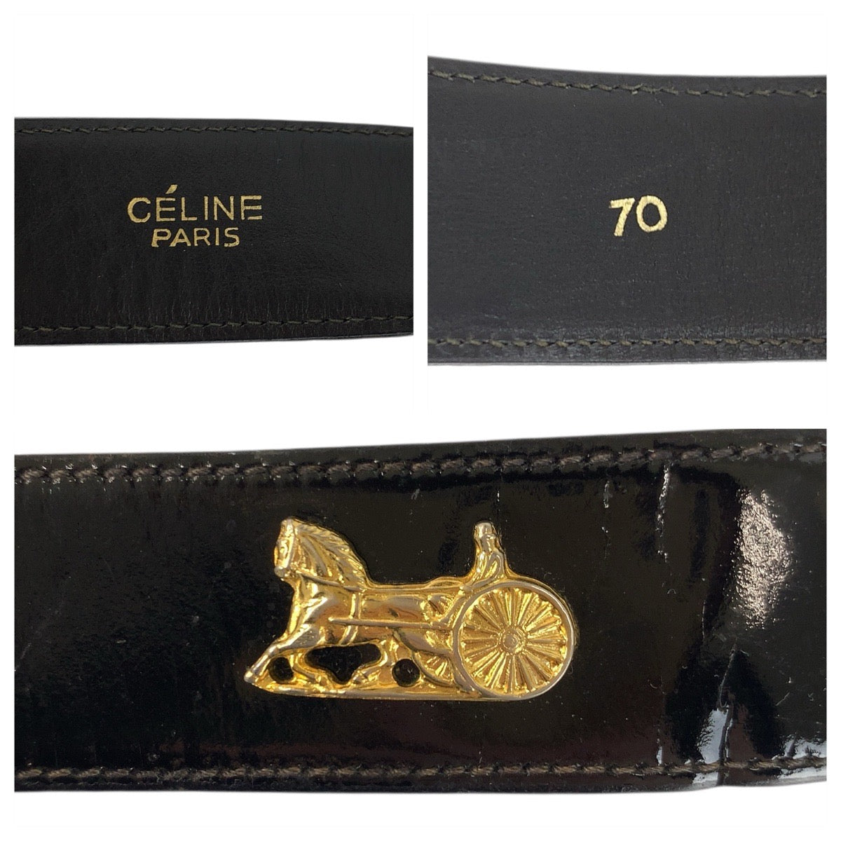 23712
CELINE セリーヌ ヴィンテージ 馬車金具 70cm ブラック 黒 ゴールド金具 パテントレザー ベルト レディース AB14