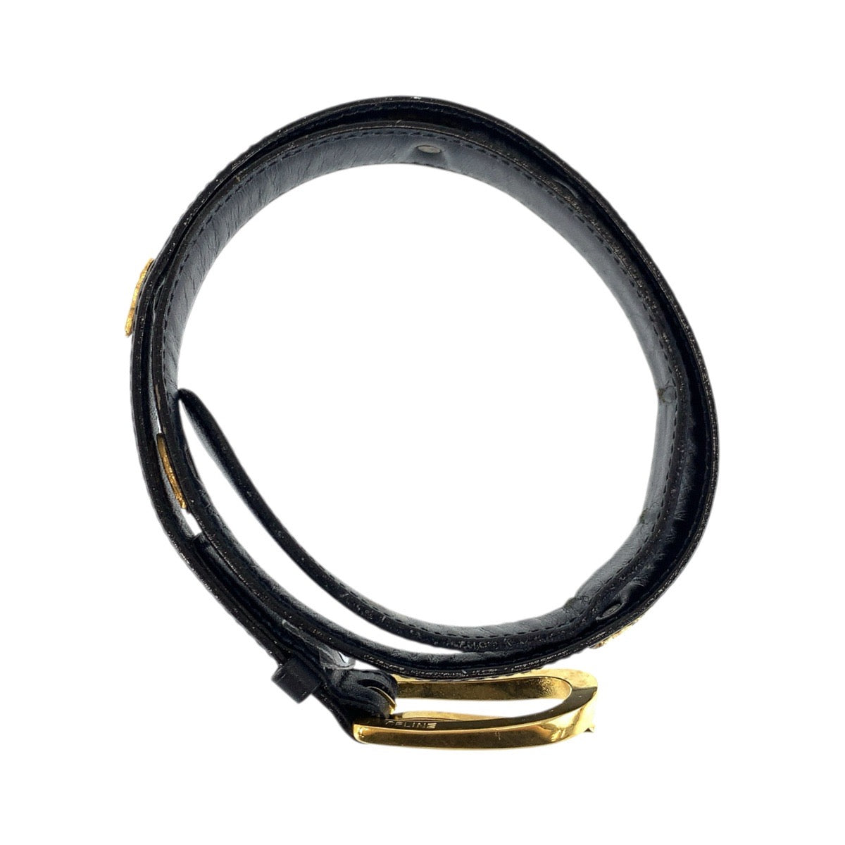 23713
CELINE セリーヌ ヴィンテージ 馬車金具 65cm ブラック 黒 ゴールド金具 レザー ベルト レディース AB14
