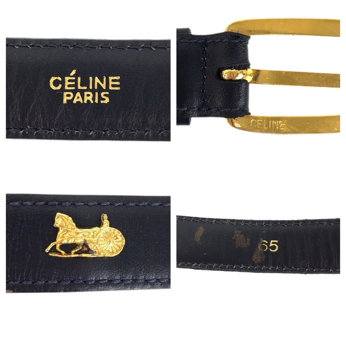 23713
CELINE セリーヌ ヴィンテージ 馬車金具 65cm ブラック 黒 ゴールド金具 レザー ベルト レディース AB14
