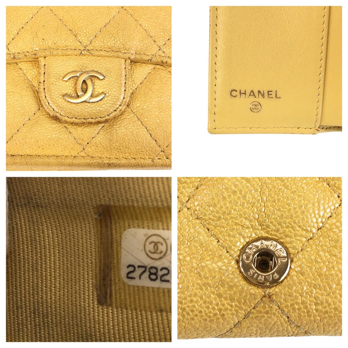 23744
CHANEL シャネル ココマーク マトラッセ イエロー ゴールド金具 レザー 折り財布 コンパクトウォレット レディース AB42