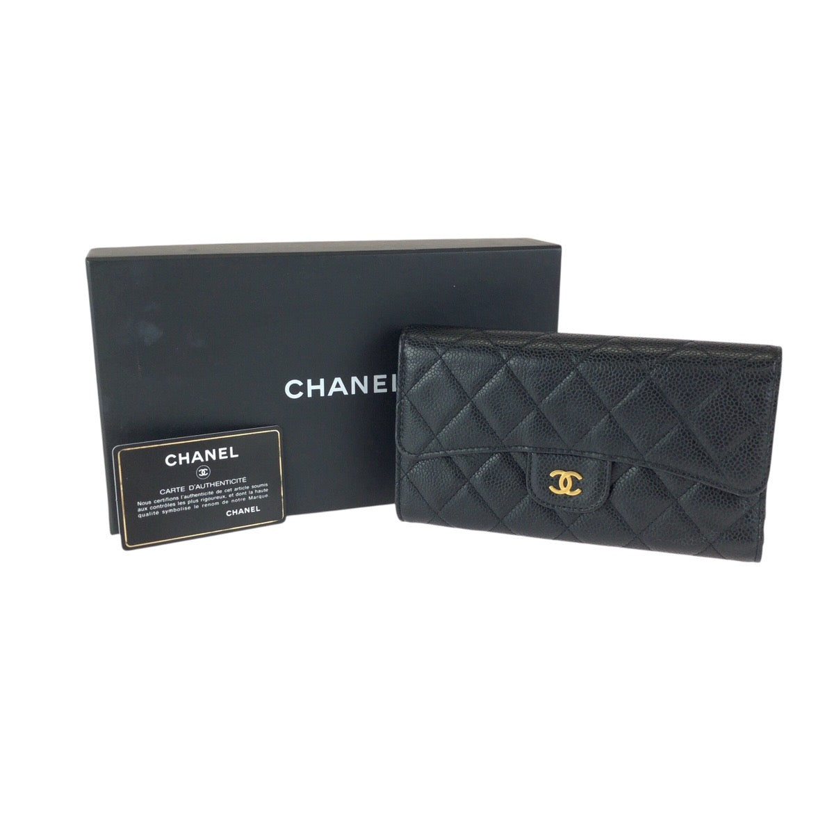 23755
CHANEL シャネル マトラッセ ココマーク ブラック 黒 ゴールド金具 キャビアスキン 長財布 ロングウォレット レディース A92