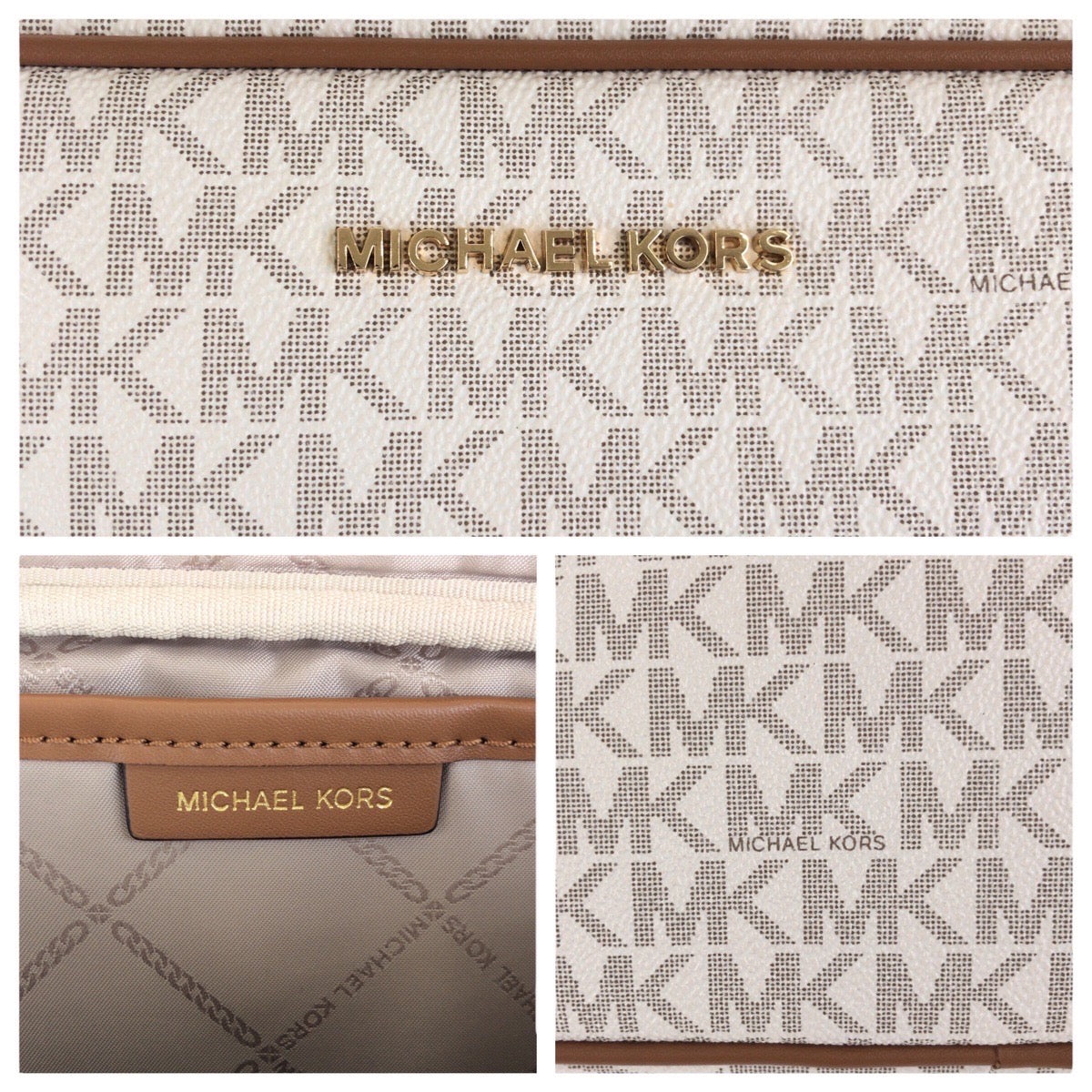 23803
Michael Kors マイケルコース アイボリー ブラウン ゴールド金具 PVC 斜め掛け ショルダーバッグ レディース S18