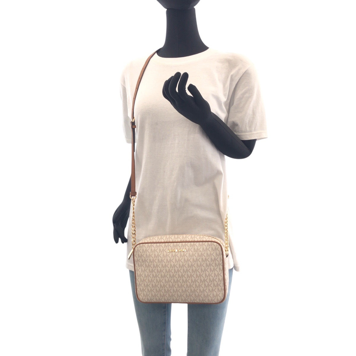 23803
Michael Kors マイケルコース アイボリー ブラウン ゴールド金具 PVC 斜め掛け ショルダーバッグ レディース S18